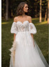 Ivory Shinning Lace Tulle Flowing Wedding Dress With Detachable Sleeves